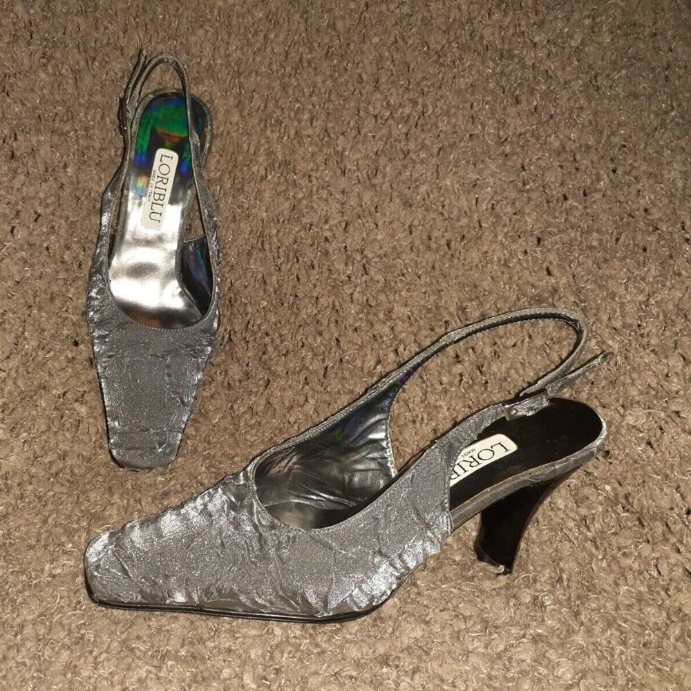 LORIBLU-Crushed Silk Silver Slingbacks-Leather Lining/Sole-Sz 34.5-4.5-Near Mint